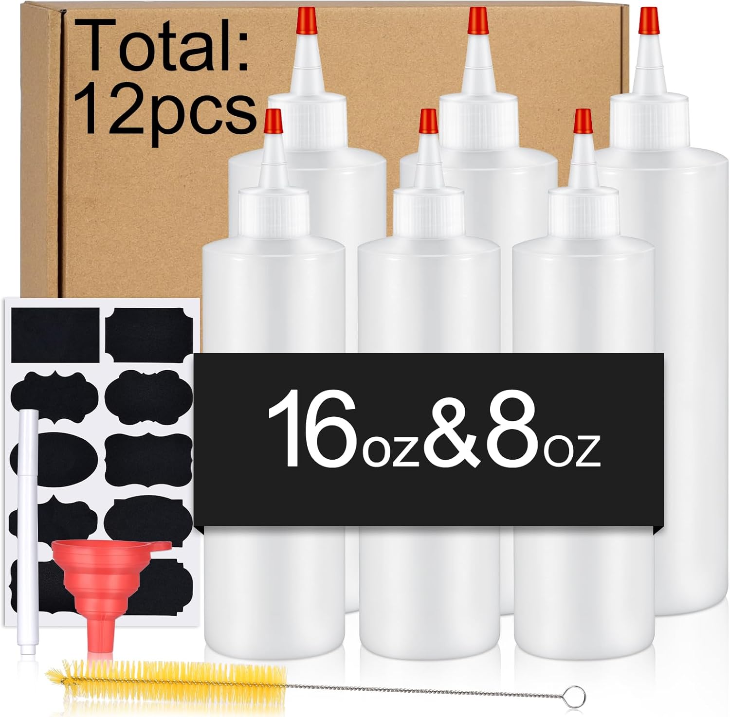 12PCS Squeeze Bottles, 16 & 8 OZ Plastic Sauce Squeeze Bottle Set with Labels & Silicone Funnels for Liquids V1258-DP02-C-1543