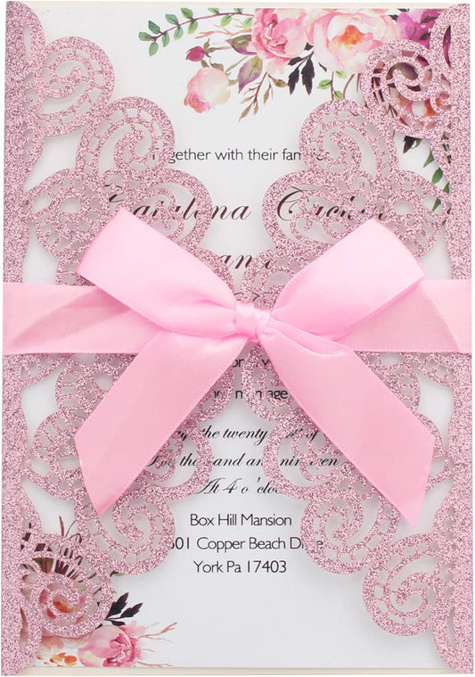 50Pcs Wedding Invitations with Envelopes and Rsvp Cards Pink Glitter Laser Cut Invitations with Pink Ribbons V1258-DP02-C-1551