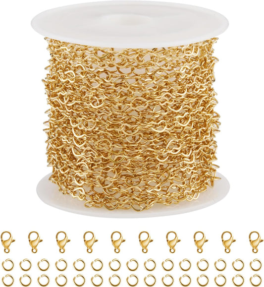 16.4 Feet Hollow Heart Chain Roll Gold Plated Stainless Steel Jewelry Making Chain with Clasps for Handcrafts V1258-DP02-C-1552
