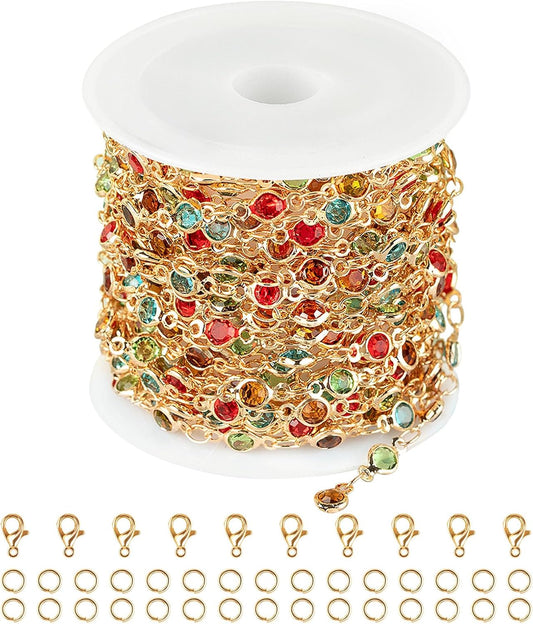 16.4 Feet/5M Gold Necklace Chains for Jewelry Making Colorful Rhinestone Beaded Chain Bulk Brass Chains Roll V1258-DP02-C-1553