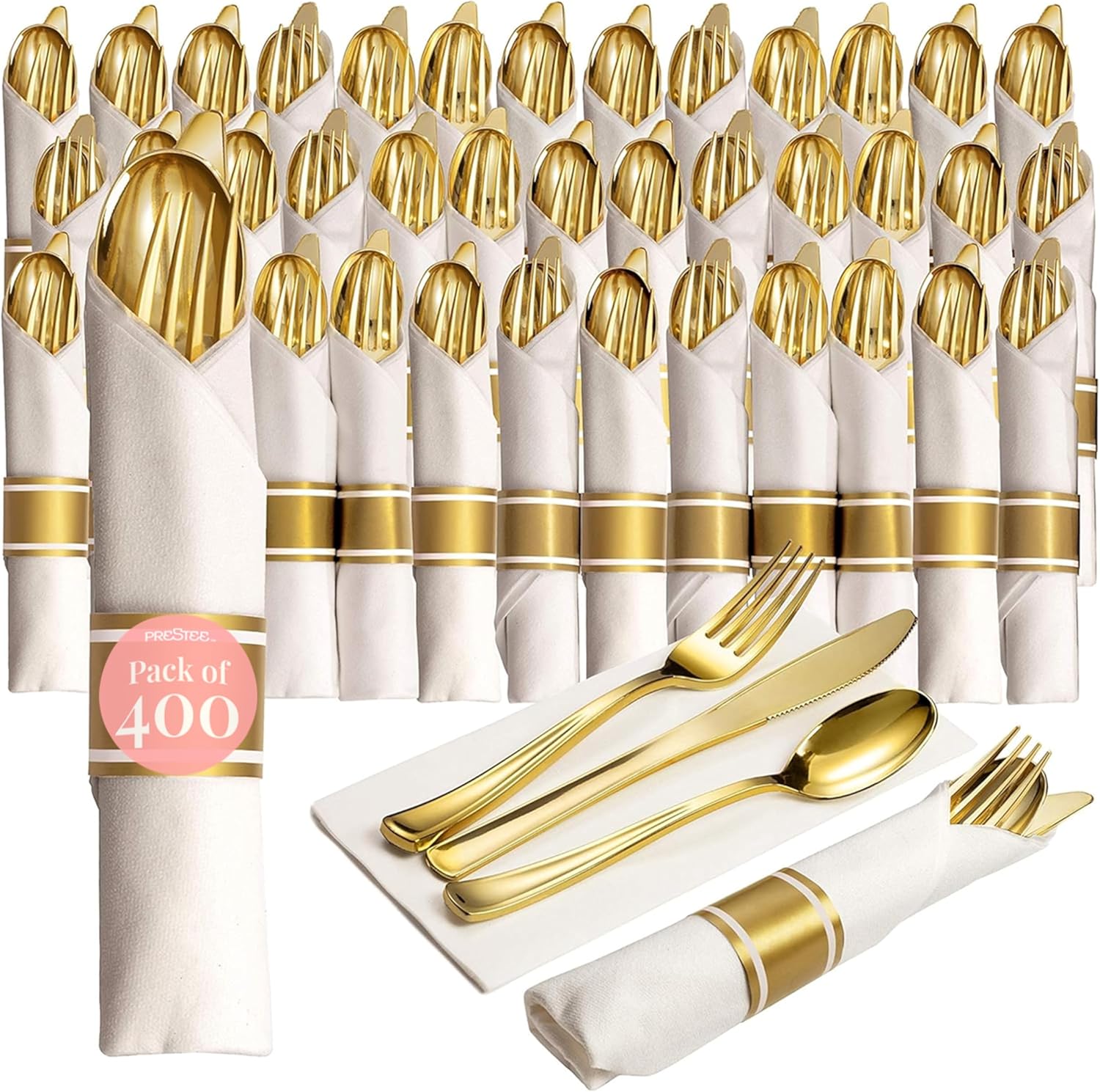 400 Pieces Gold Silverware Set for 100 Guests - Premium Pre Rolled Disposable Plastic Silverware Set with V1258-DP02-C-1577