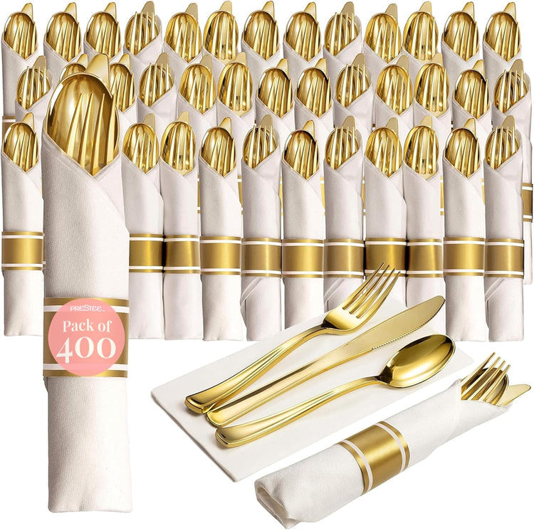 400 Pieces Gold Silverware Set for 100 Guests - Premium Pre Rolled Disposable Plastic Silverware Set with V1258-DP02-C-1577