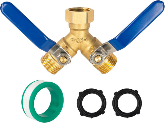 Brass Garden Hose Splitter, Y Valve Splitter with Stainless Steel Long Handle, Heavy Duty 2 Way 3/4" GHT V1258-DP02-C-159
