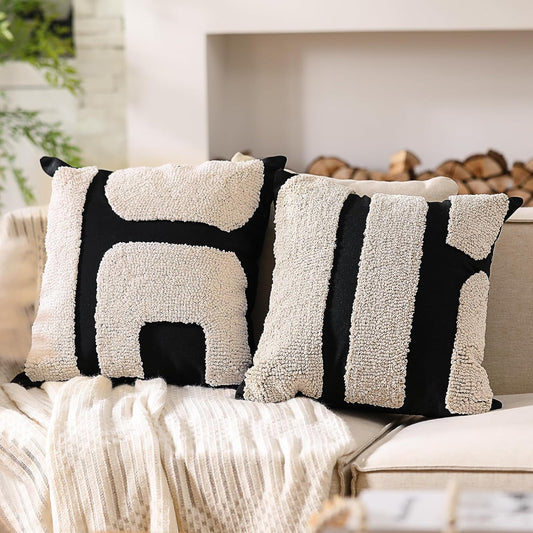 2 Pcs Black and White Tufted Pillow Covers Boho Chunky Geometric Decorative Throw Pillow Case 18 x 18 Inches V1258-DP02-C-1625