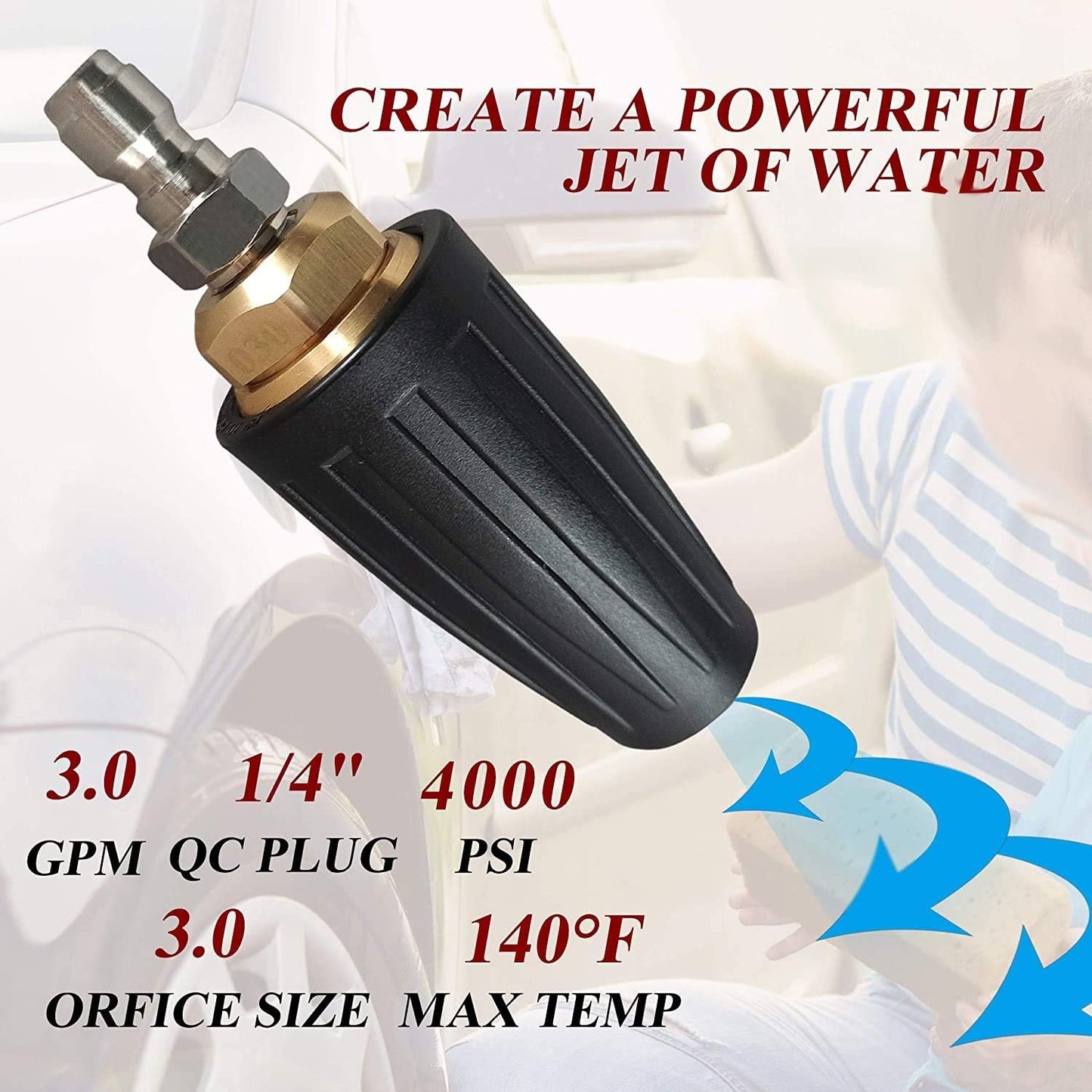 4000 PSI Rotating Turbo Nozzle Set, 1/4 Inch, With 5 Tips for Pressure Washer, Orifice 3.0 V1258-DP02-C-163