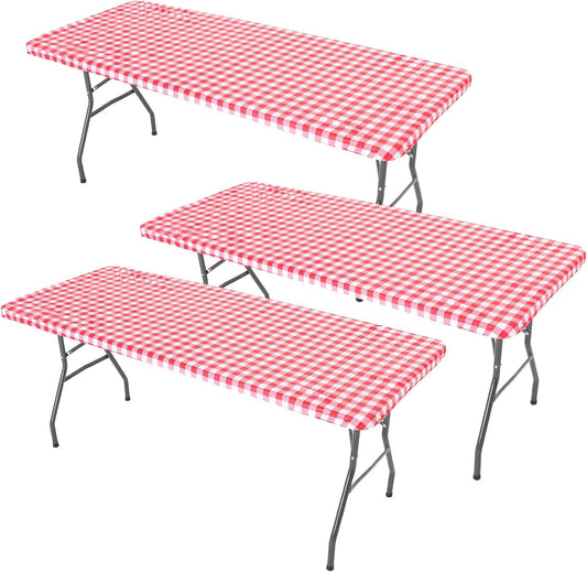 3 Pcs Plastic Picnic Table Cover Checkered Tablecloth Fitted Rectangular Table Cloth 30 x 72 Inch Vinyl V1258-DP02-C-1634
