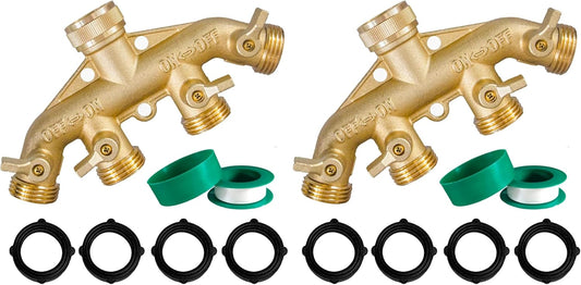 Brass Garden Hose Splitter (4 Way), Solid Brass Hose Connector 3/4", Hose Spigot Adapter 4 Valves with 4 V1258-DP02-C-164