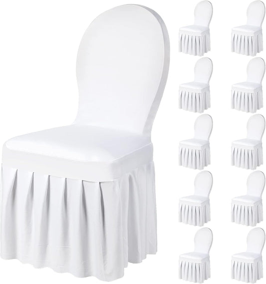 10 Pcs White Chair Covers with Skirt Spandex Chair Slip Covers Wedding Long Stretch Protectors Removable and V1258-DP02-C-1662