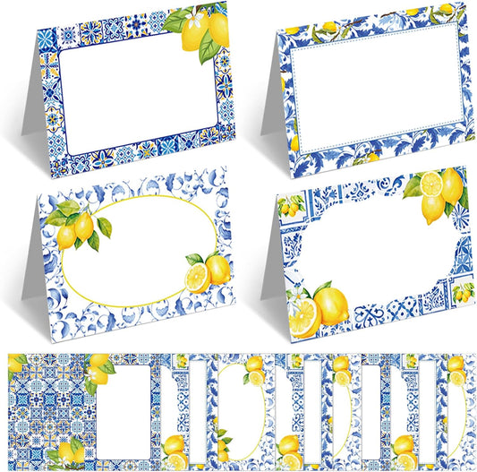 48 Pcs Capri Lemon Place Cards Yellow and Blue Tile Table Name Cards Tent Placard Buffet Food Label for Table V1258-DP02-C-1701