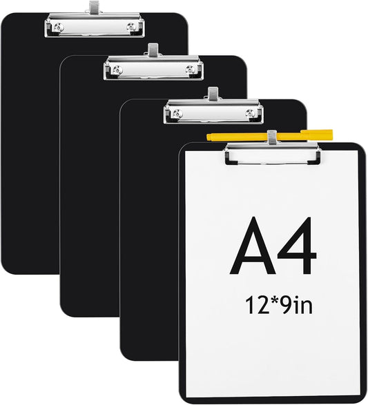 4 Pcs Black Clipboards with Pen Holder 12 x 9 Inch with Profile Clip Standard A4 Letter Size Holds 100 Sheets V1258-DP02-C-1713