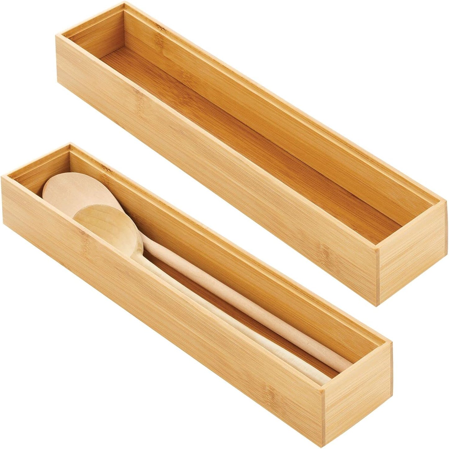 Slim Wooden Bamboo Drawer Organizer - 15" Long Stackable Storage Box Tray for Kitchen Drawers/Cabinet - V1258-DP02-C-1744