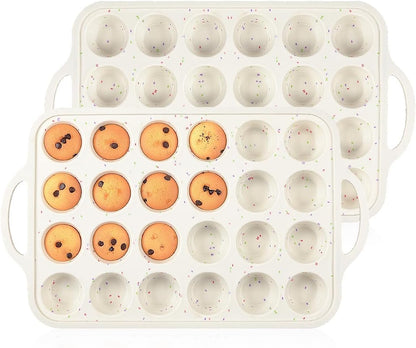 Mini Muffin Pan, Metal Reinforced Frame Mini Cupcake Pans 24 Cups Nonstick Muffin Silicone Molds with Handle V1258-DP02-C-18