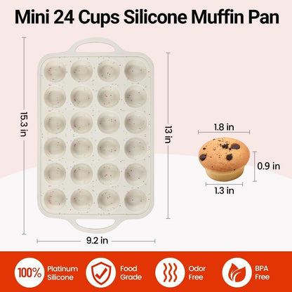 Mini Muffin Pan, Metal Reinforced Frame Mini Cupcake Pans 24 Cups Nonstick Muffin Silicone Molds with Handle V1258-DP02-C-18