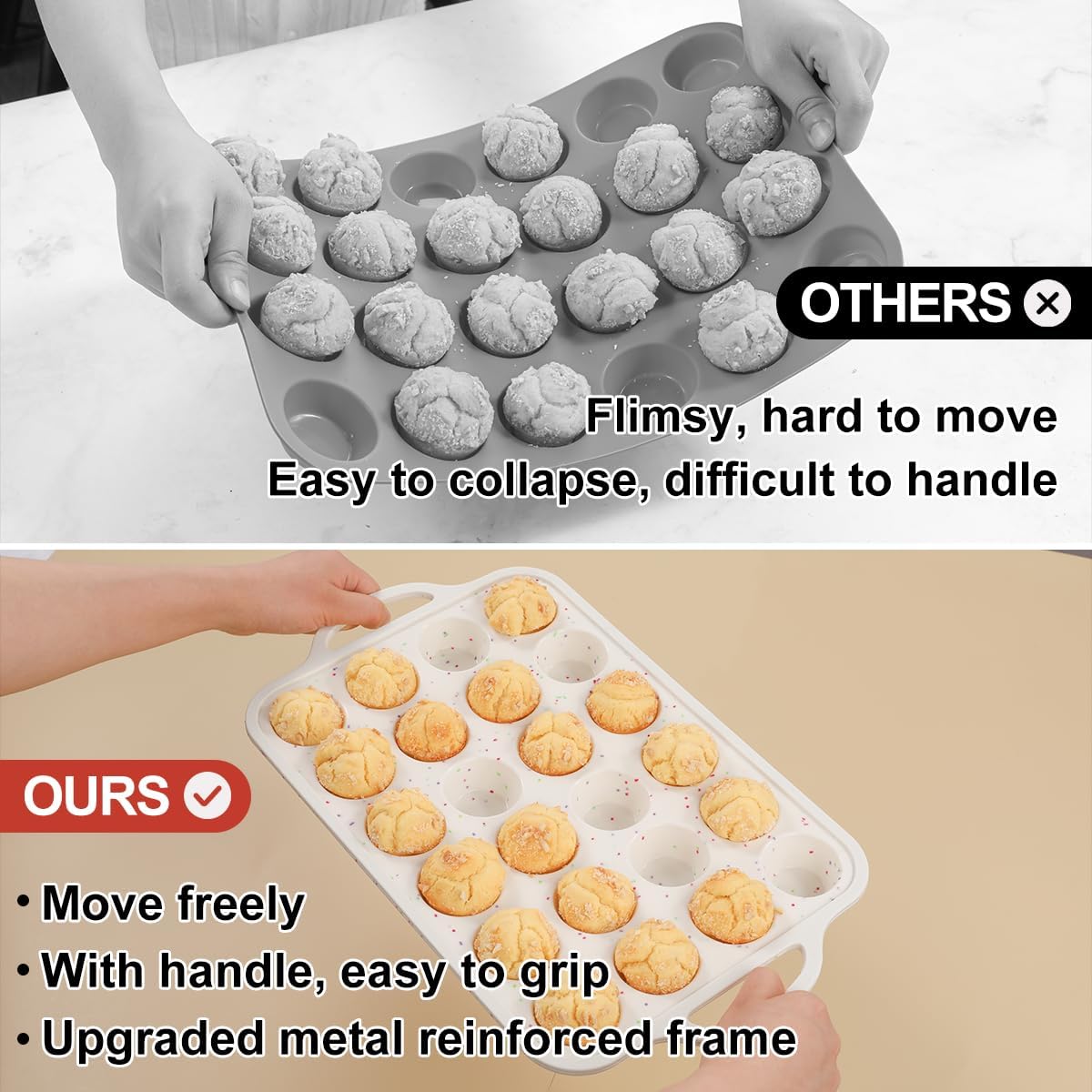 Mini Muffin Pan, Metal Reinforced Frame Mini Cupcake Pans 24 Cups Nonstick Muffin Silicone Molds with Handle V1258-DP02-C-18