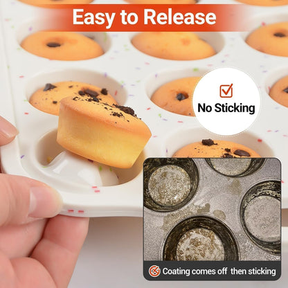 Mini Muffin Pan, Metal Reinforced Frame Mini Cupcake Pans 24 Cups Nonstick Muffin Silicone Molds with Handle V1258-DP02-C-18
