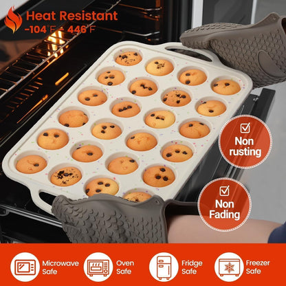 Mini Muffin Pan, Metal Reinforced Frame Mini Cupcake Pans 24 Cups Nonstick Muffin Silicone Molds with Handle V1258-DP02-C-18