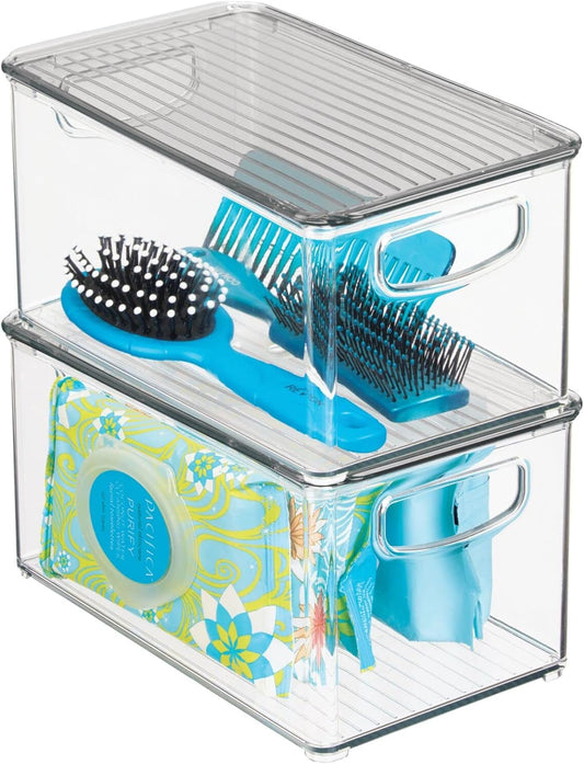 Deep Plastic Bathroom Storage Bin Box, Lid/Built-in Handles, Organization for Makeup, Hair Styling Tools, V1258-DP02-C-1821