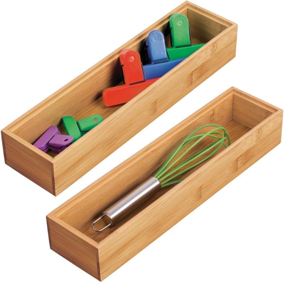 Slim Wooden Bamboo Drawer Organizer - 12" Long Stackable Storage Box Tray for Kitchen Drawers/Cabinet - V1258-DP02-C-1828