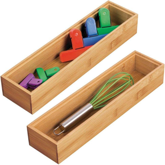 Slim Wooden Bamboo Drawer Organizer - 12" Long Stackable Storage Box Tray for Kitchen Drawers/Cabinet - V1258-DP02-C-1828