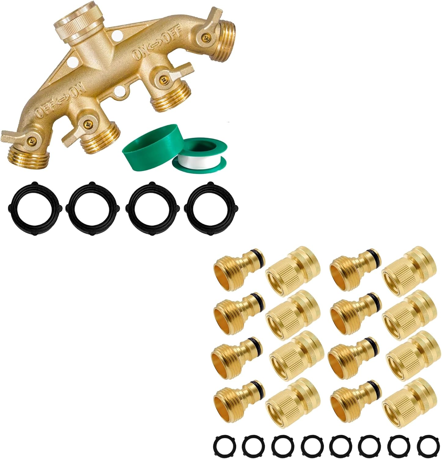 Brass Garden Hose Splitter (4 Way) + Garden Hose Quick Connector V1258-DP02-C-186