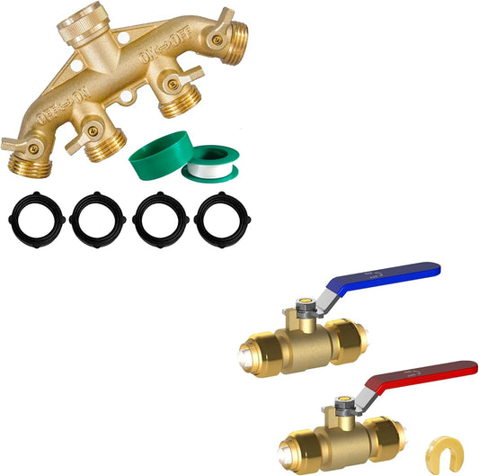 Brass Garden Hose Splitter (4 Way) + 1/2 Inch Push-Fit Full Port Ball Valve V1258-DP02-C-187