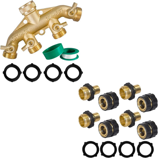 Brass Garden Hose Splitter (4 Way) + Garden Hose Quick Connector V1258-DP02-C-188