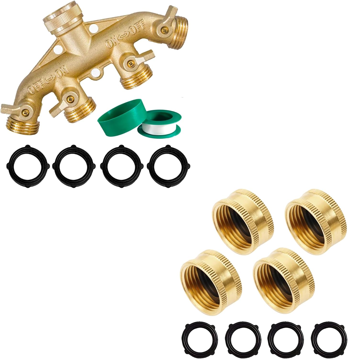 Brass Garden Hose Splitter (4 Way) + Brass Garden Hose End Caps V1258-DP02-C-189