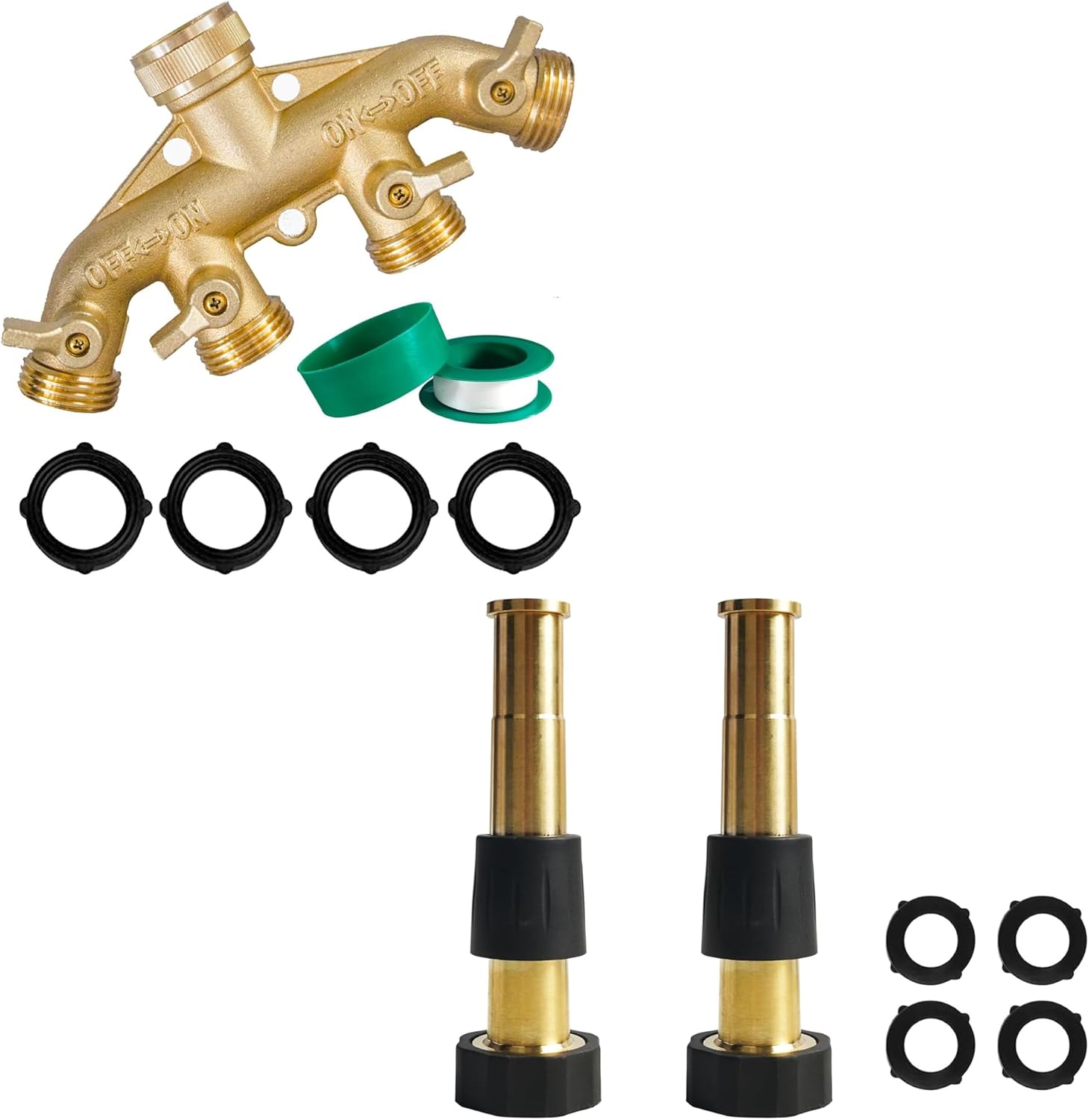 Brass Garden Hose Splitter (4 Way) + 5" Jet Sweeper Garden Hose Nozzle V1258-DP02-C-190