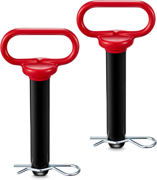 2 Pack 1 x 4-3/4 Inch Carbon Steel Clevis Hitch Pin with 3.35 Inch R Clip and Red Rubber-Coated Handle, Black V1258-DP02-C-1945