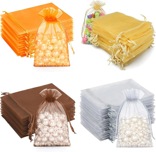 400PCS Fall Organza Bags 4x6 In - Orange Gold Brawn Grey Drawstring Organza Bags, Sheer Mesh Jewelry Pouches V1258-DP02-C-2038
