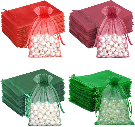 100 PCS Christmas Organza Bags, Red Green Drawstring Organza Bags 5x7 inches, Sheer Mesh Pouches for Candy, V1258-DP02-C-2039