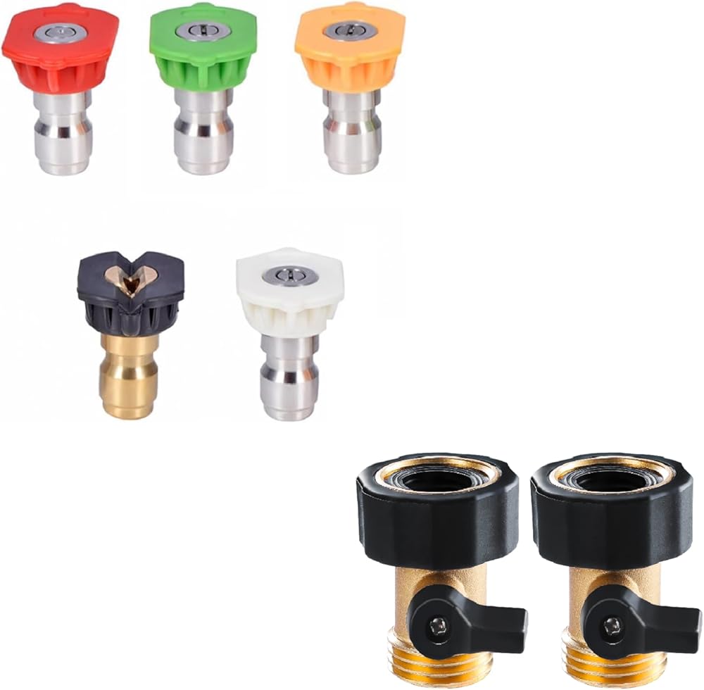 Pressure Washer Nozzle Tips and Heavy Duty Brass Shut Off Valve Garden Hose Connector, Set of 2 V1258-DP02-C-2047