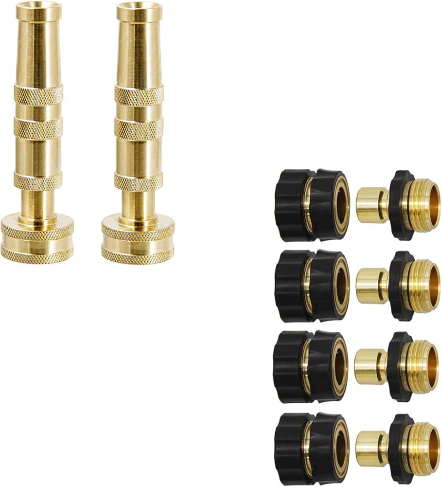 Heavy-Duty Brass Adjustable Twist Hose Nozzle 3/4 Inch Garden Hose Fitting Quick Connector 4 Set V1258-DP02-C-2050