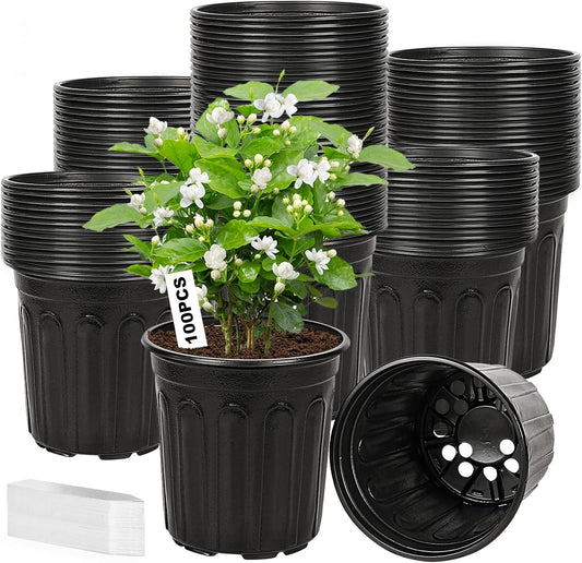 100-Pack 1 Gallon Nursery Pots, Thickened Pots for Plants with Drainage Holes, Large Plastic Flower Pots for V1258-DP02-C-2077
