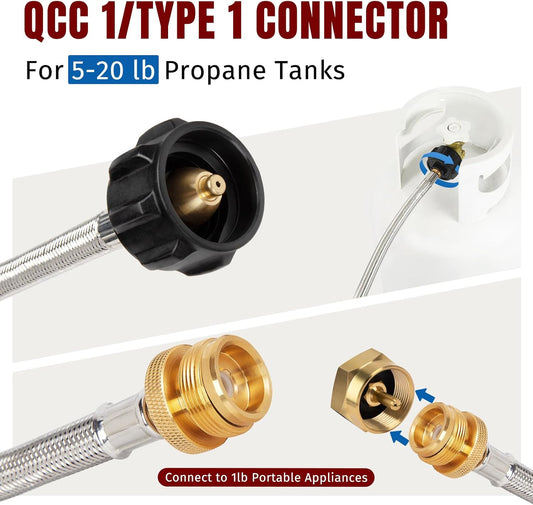 Propane Hose Adapter & 5 FT Braided Hose for Buddy Heaters, Coleman Stoves, Blackstone 17" 22" Tabletop V1258-DP02-C-209