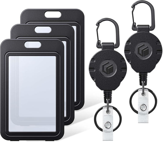 3 Pcs Badge Holder with Double-Sided Windows Vertical Plastic Case and 2 Pcs Retractable Keychain Badge Reel V1258-DP02-C-2093