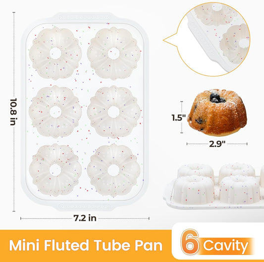 Mini Fluted Tube Pan with Metal Reinforced Frame, 6-Cavity Silicone Nonstick Small Cake Molds 2Pcs for V1258-DP02-C-21