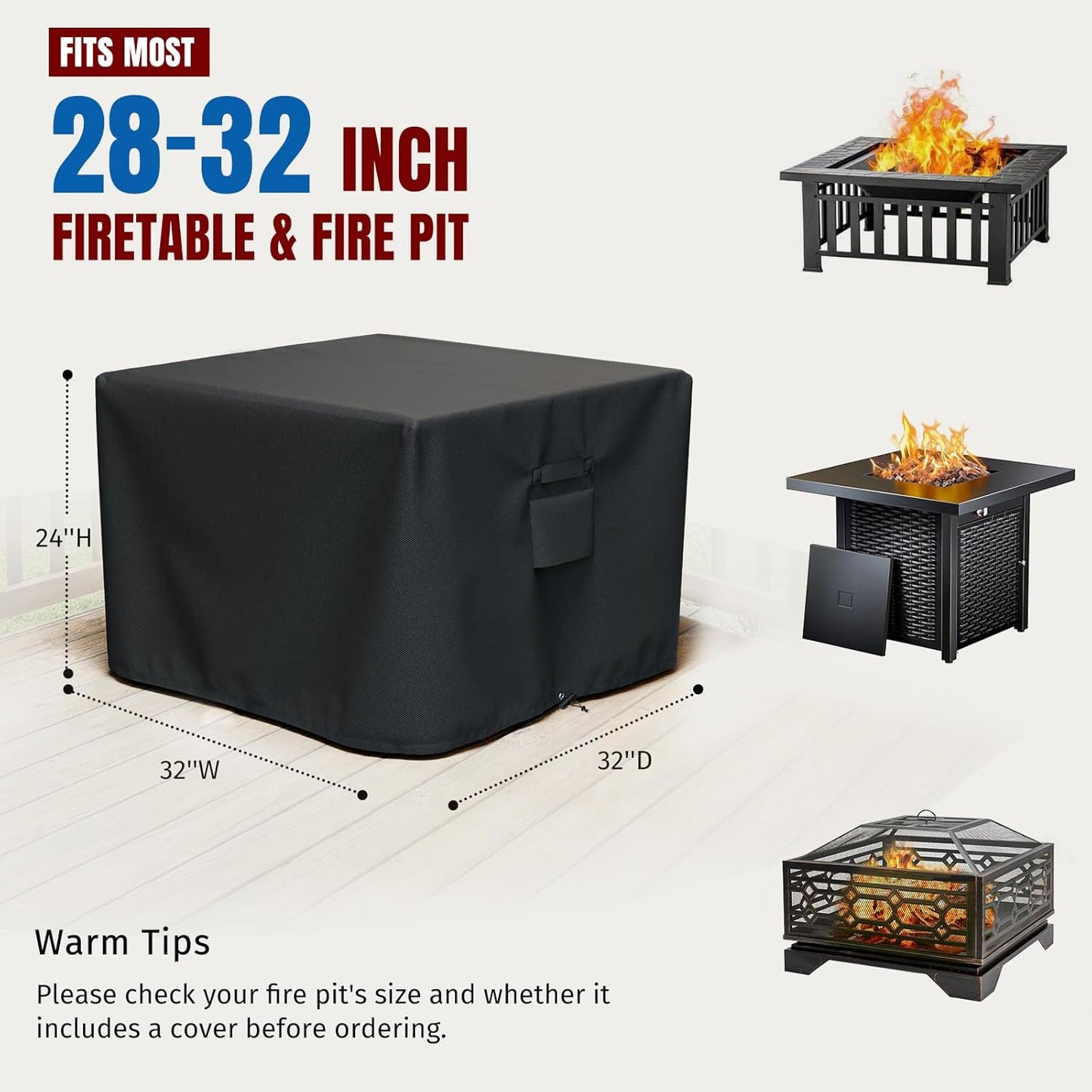 Square Fire Pit Cover, Fits for 28-32 Inch Fire Pit Table, Waterproof and Windproof, 32 x 32 x 24 Inches, V1258-DP02-C-211