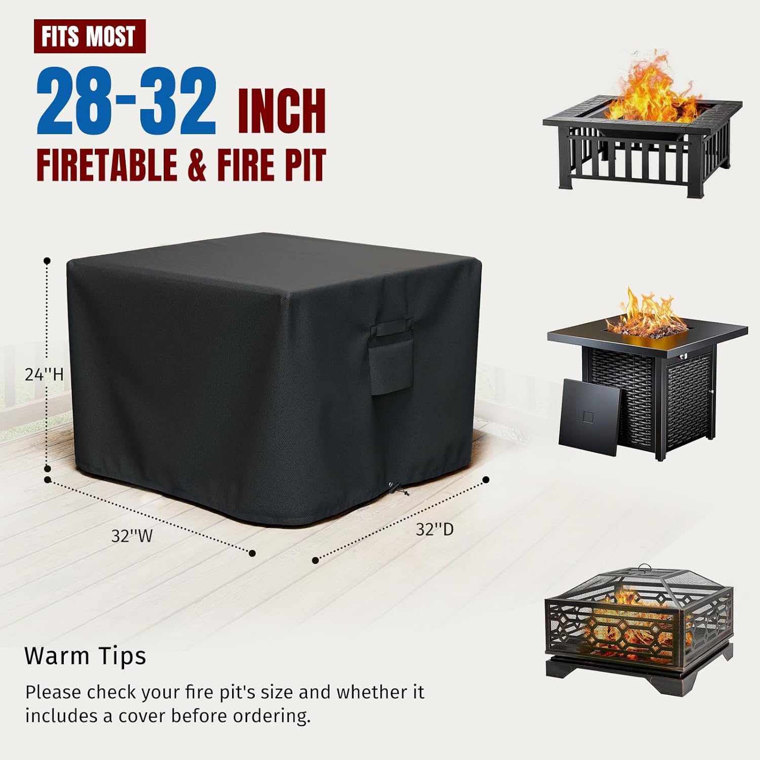 Square Fire Pit Cover, Fits for 28-32 Inch Fire Pit Table, Waterproof and Windproof, 32 x 32 x 24 Inches, V1258-DP02-C-211