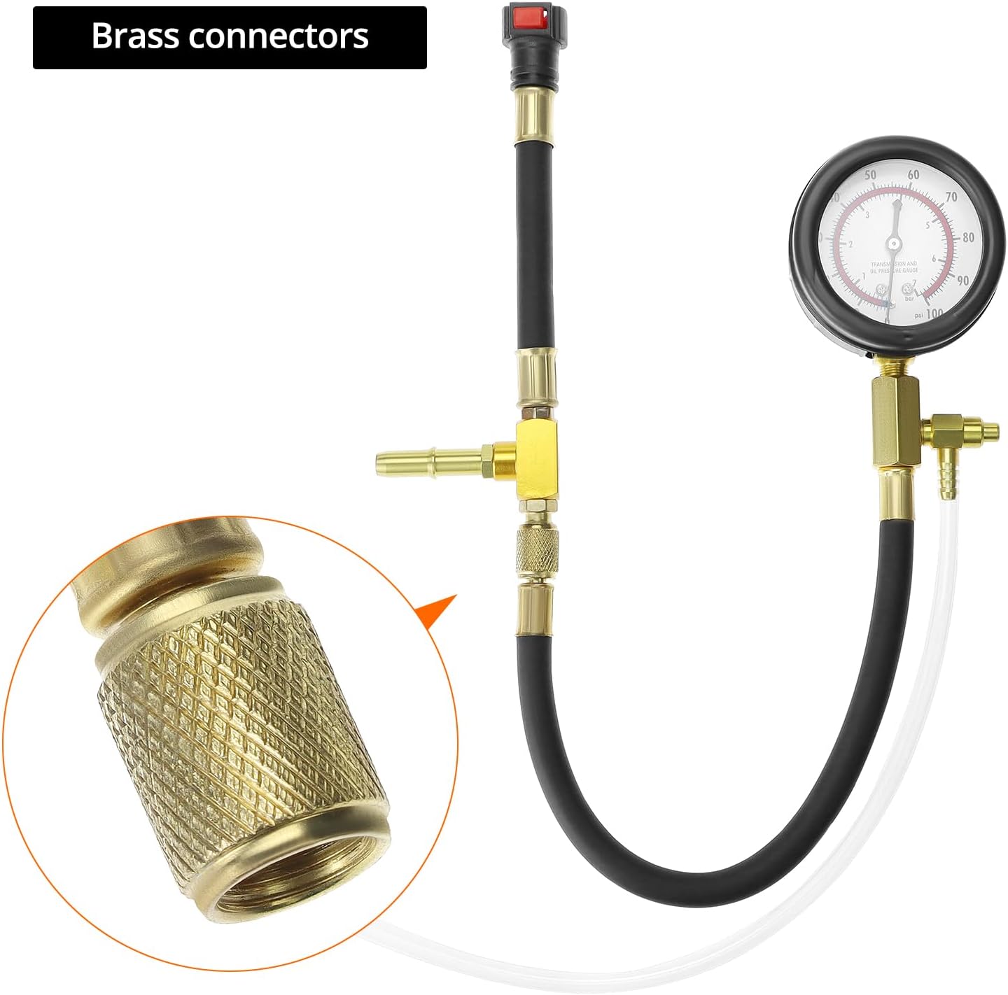 Universal Fuel Pressure Test Kit, Dual Scale Gauge (0-7 bar/0-100 psi) with Multiple Adapter Sizes, Brass V1258-DP02-C-2117