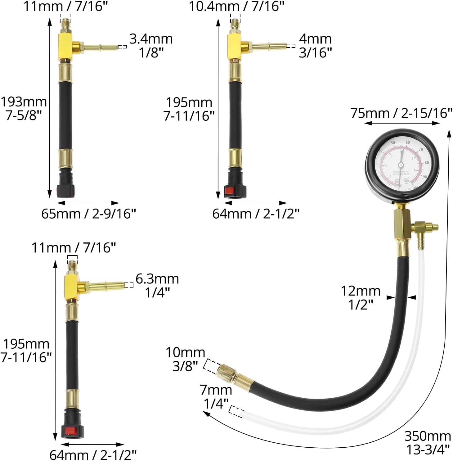Universal Fuel Pressure Test Kit, Dual Scale Gauge (0-7 bar/0-100 psi) with Multiple Adapter Sizes, Brass V1258-DP02-C-2117