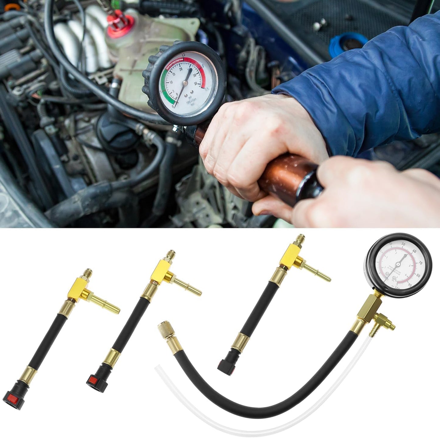 Universal Fuel Pressure Test Kit, Dual Scale Gauge (0-7 bar/0-100 psi) with Multiple Adapter Sizes, Brass V1258-DP02-C-2117