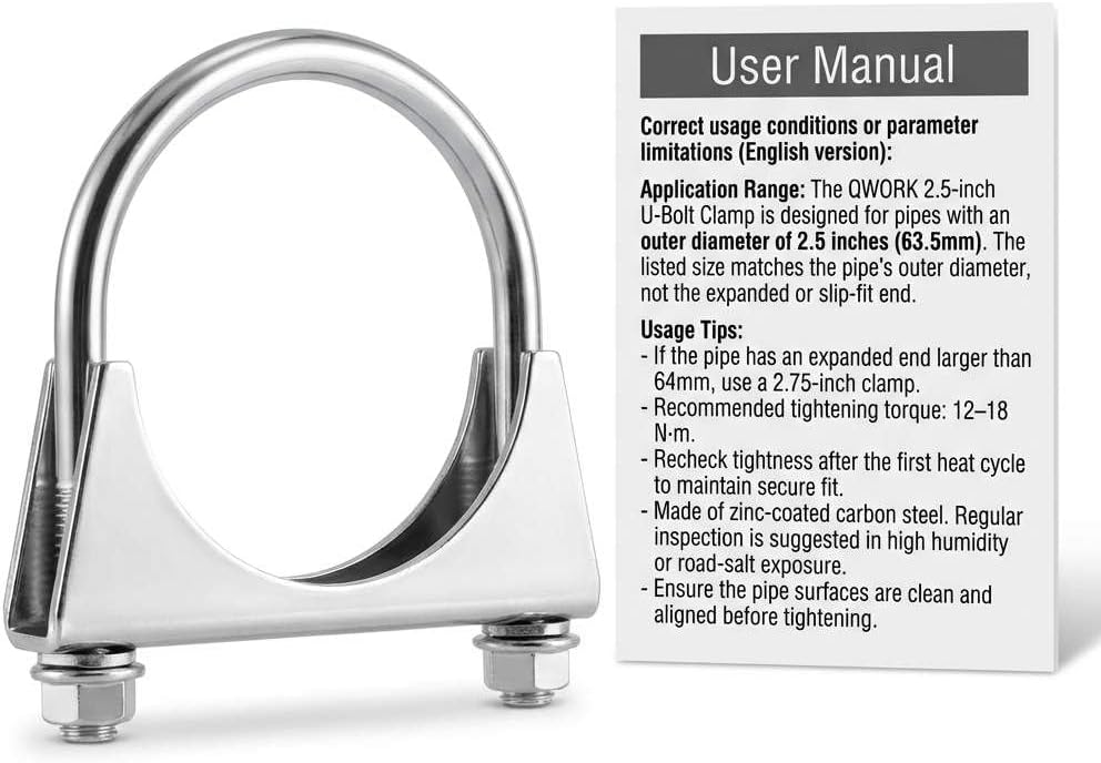 Zinc-Plated Carbon Steel U-Bolt Clamp 2.5" - 4 Pack Fits 2.5" OD Pipes for Exhaust, Muffler & Gate Connection V1258-DP02-C-2126