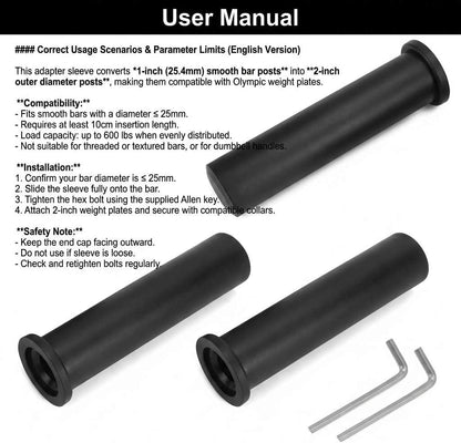 Adapter Sleeves 1" to 2" - 8" Length, 2 Pairs, 600 lbs Load, Locking Bolt & Caps for Racks, Bars & Plates V1258-DP02-C-2128