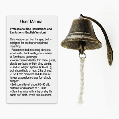 Cast Iron Vintage Hanging Bell - Loud Rustic Wall Bell for Farmhouse, Porch & Garden Entry V1258-DP02-C-2132