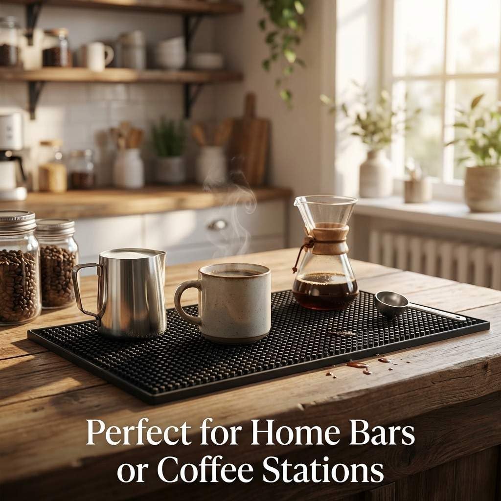 12"x6" Black Rubber Bar Mat - 6 Pack Non-Slip Drainage Pad for Coffee Stations, Home Bars & Kitchens V1258-DP02-C-2133