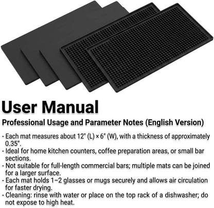 12"x6" Black Rubber Bar Mat - 6 Pack Non-Slip Drainage Pad for Coffee Stations, Home Bars & Kitchens V1258-DP02-C-2133
