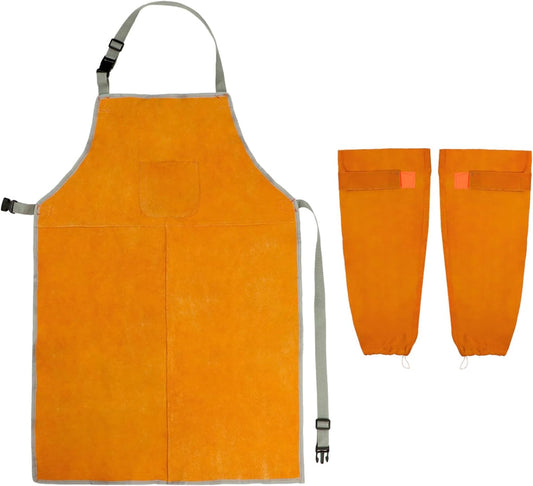 Welding Apron& Sleeves, Welding Work Protectors Set, Heat and Flame Resistant Leather Work Shop, Blacksmith V1258-DP02-C-2138