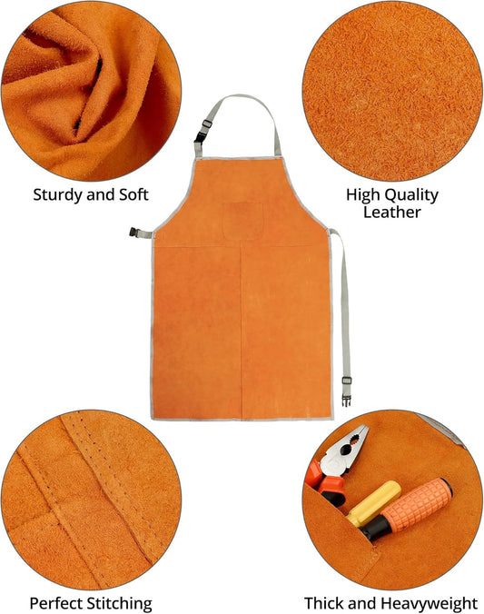 Welding Apron& Sleeves, Welding Work Protectors Set, Heat and Flame Resistant Leather Work Shop, Blacksmith V1258-DP02-C-2138
