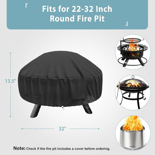 Round Fire Pit Cover for 22-32 Inch Fire Pit - Waterproof and Windproof, with Straps and Built-in Vents, 32 V1258-DP02-C-214